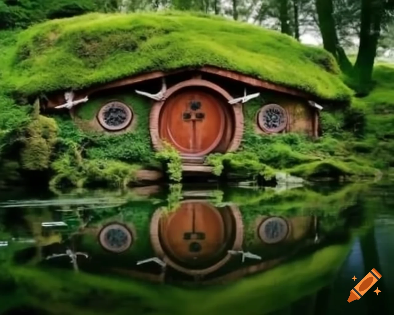 Mossy hobbit house with puddles and mossy lake nearby