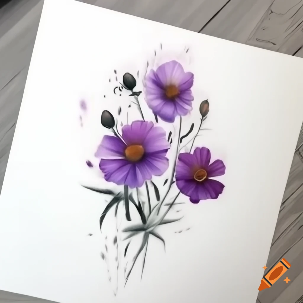 Watercolor tattoo of Cosmos flowers in purple and green with black outlines