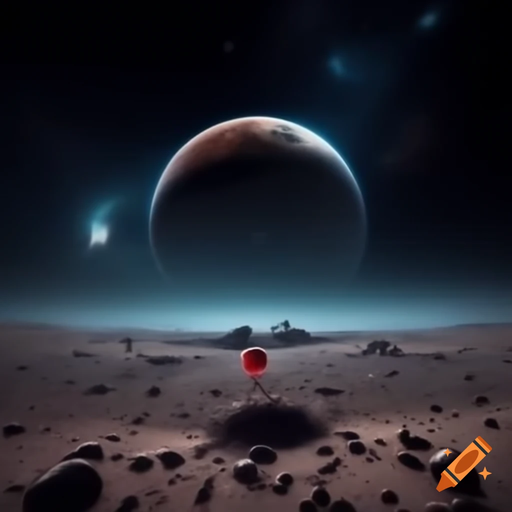 Small red ball on desert planet with starry sky