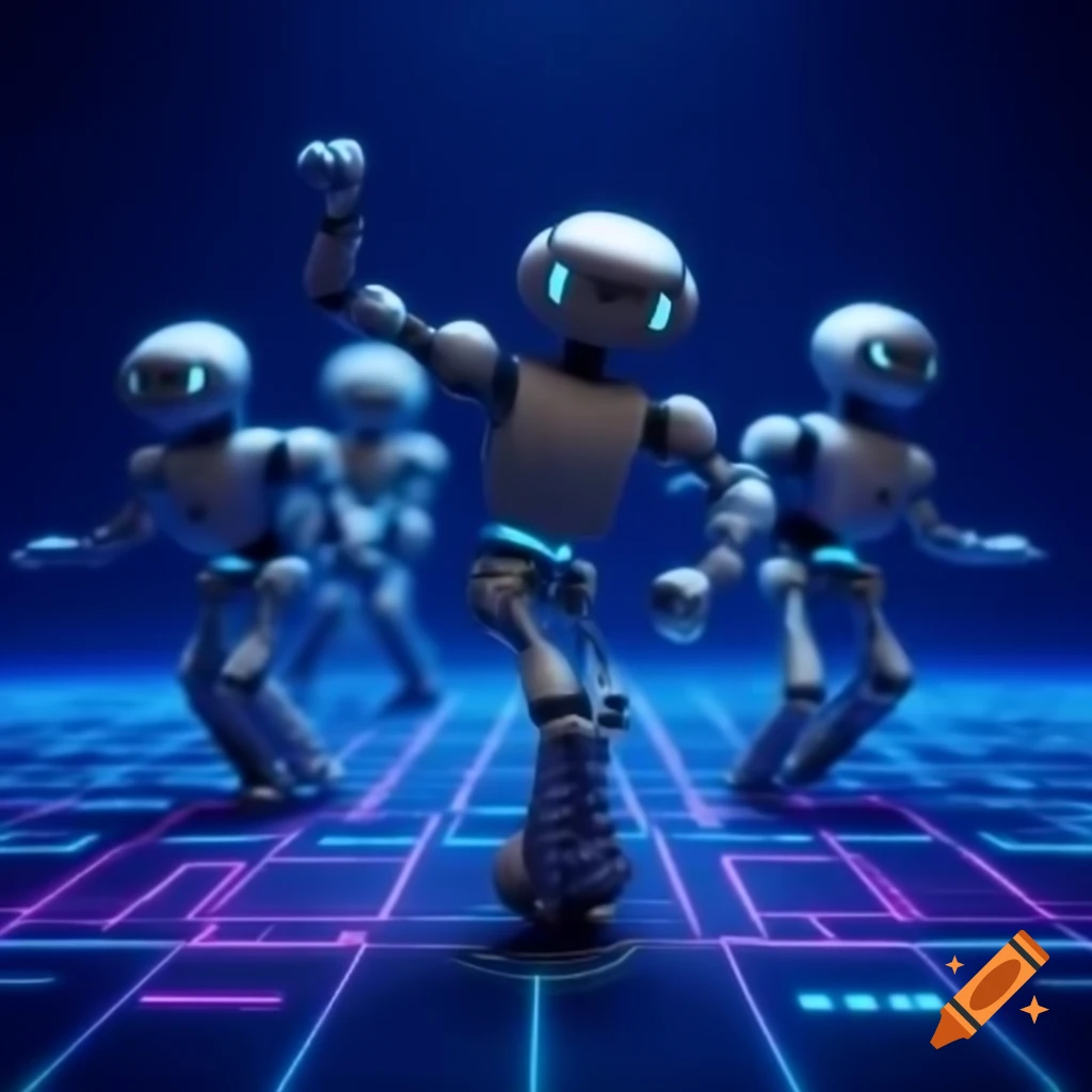 Dancing robots on synthwave grid background