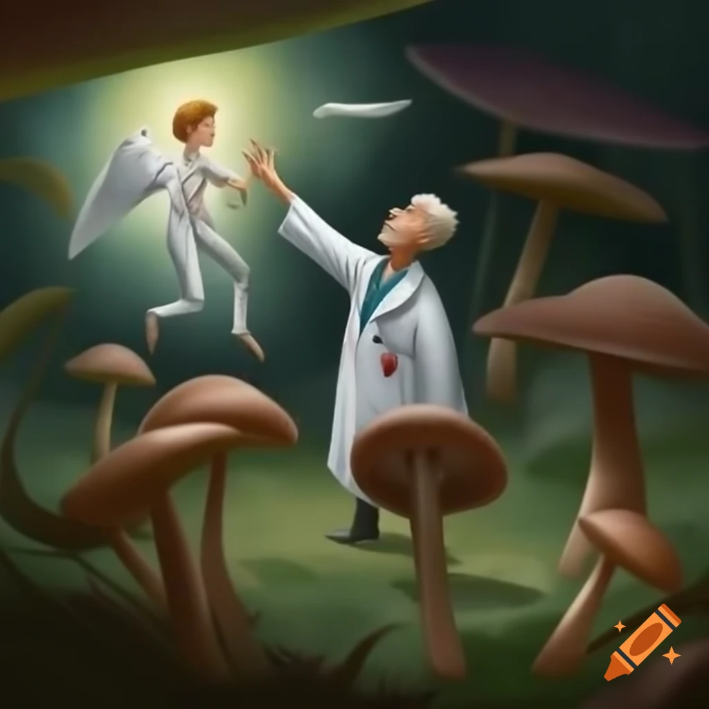 Doctor battling an angel in a land of mushrooms