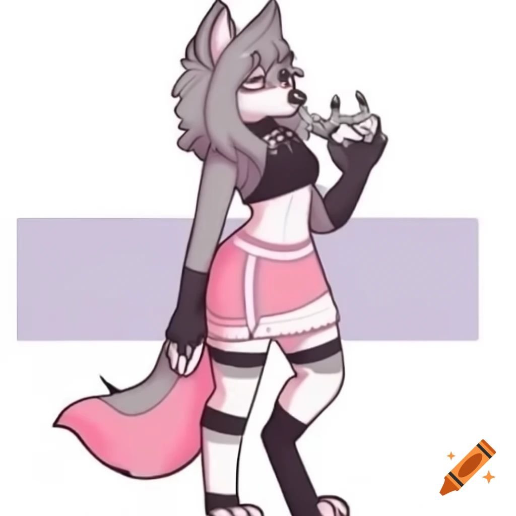 Anthro grey wolf femboy in skirt and pink accessories, full body