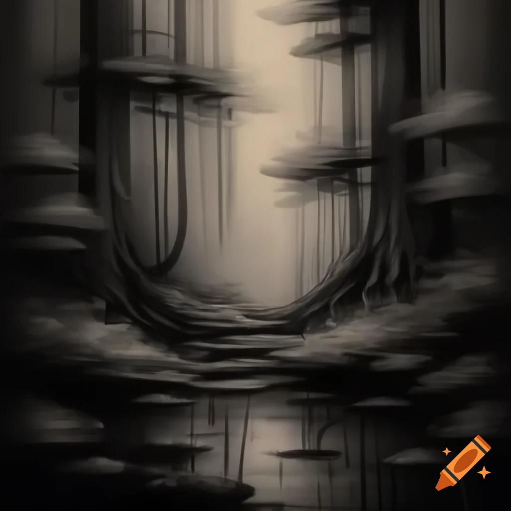 Hand drawn sketch of dark enchanted forest in abstract expressionistic style