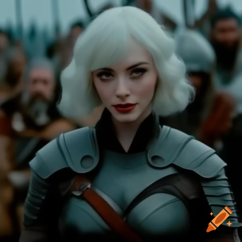 Ultra wide shot of female warrior cosplay with short white hair