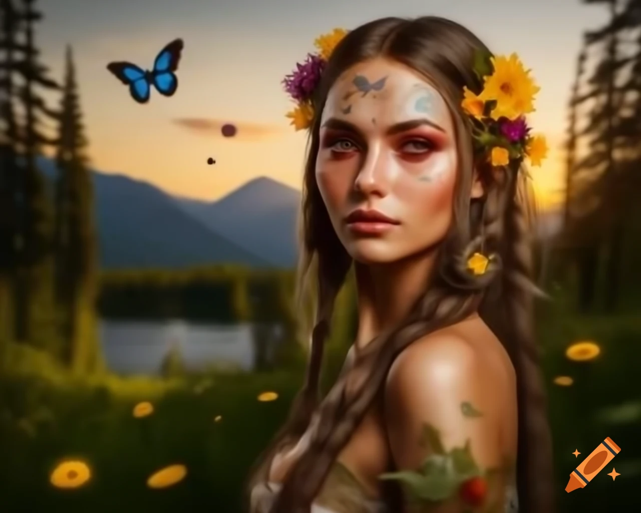 Hyperrealistic portrait of Slavic woman with flowers and butterflies in hair, deep eyes and freckles