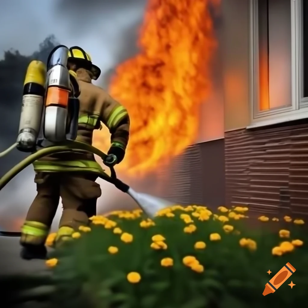 Irresponsible firefighter watering flowers while a building burns