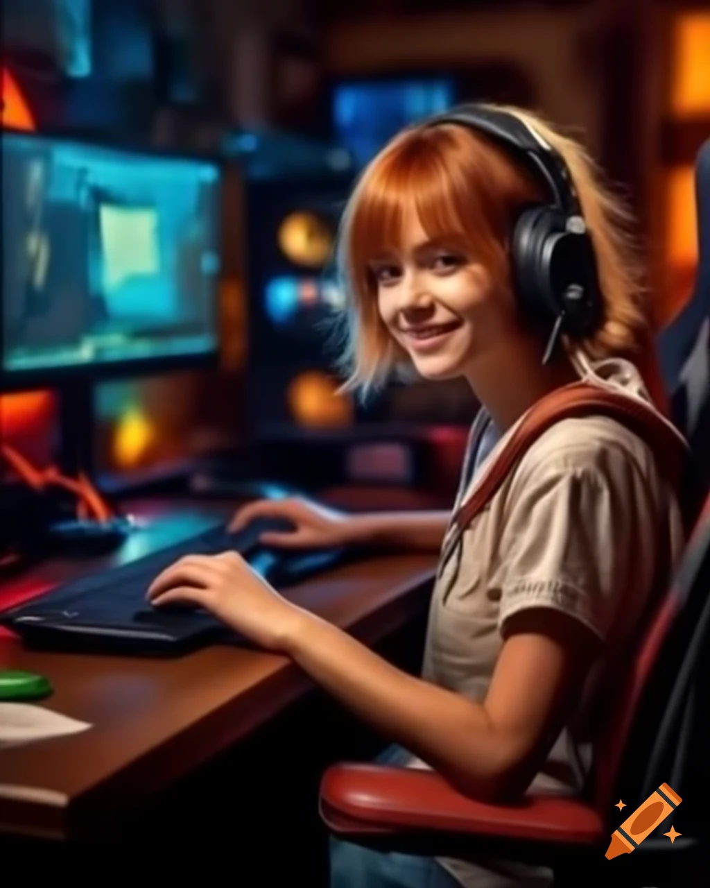 Happy French female gamer in high-tech gaming bedroom, detailed facial features