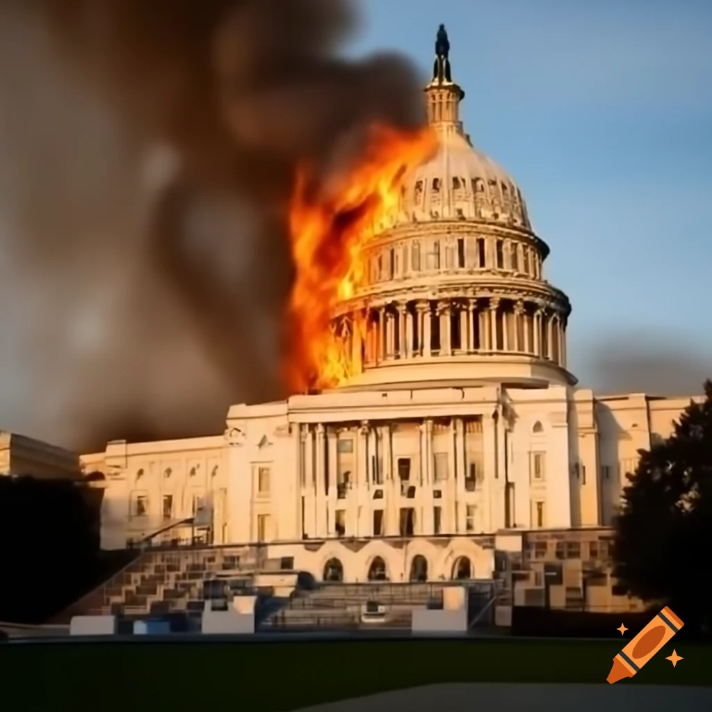 U.S. Capitol building engulfed in flames with firetruck responding
