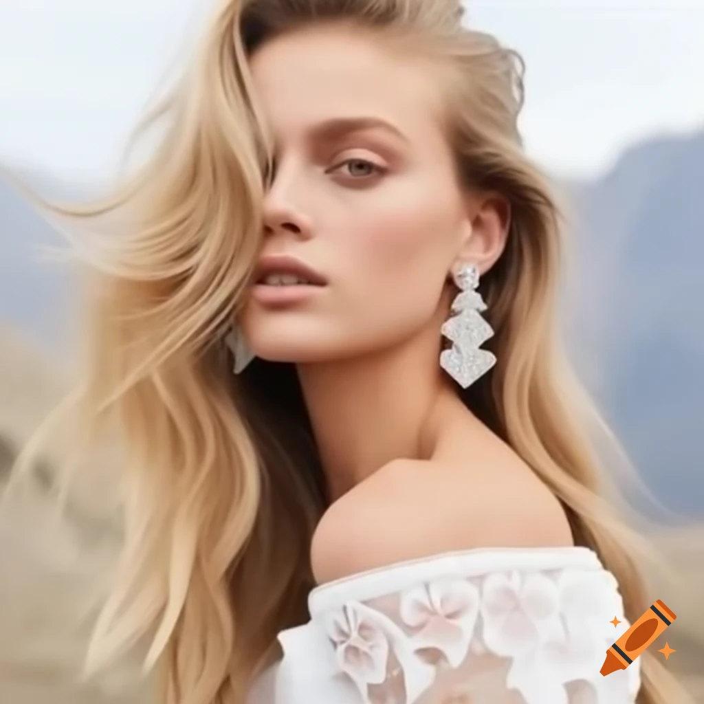 Model showcasing jewelry in white lace with blonde hair and van cleef & arpels earrings