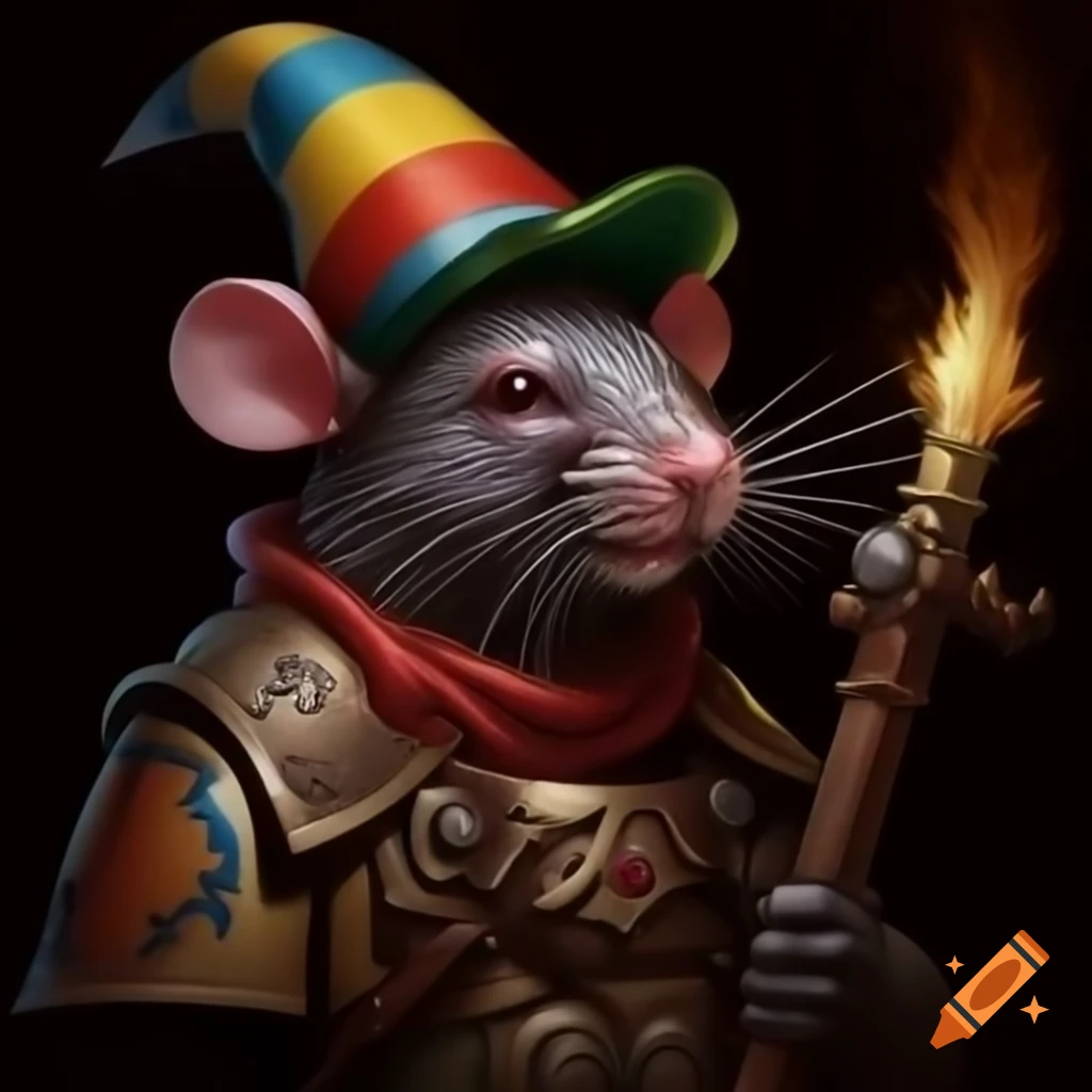 Rat with colorful hat resembling a scaven, holding torch-lamp with blue thunderbolt inside