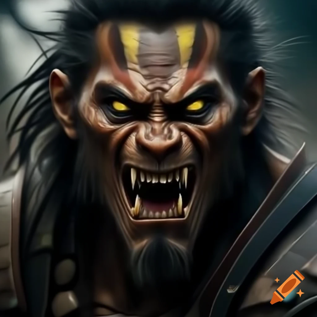 Hobgoblin male warrior in Japanese light armor with an angry expression
