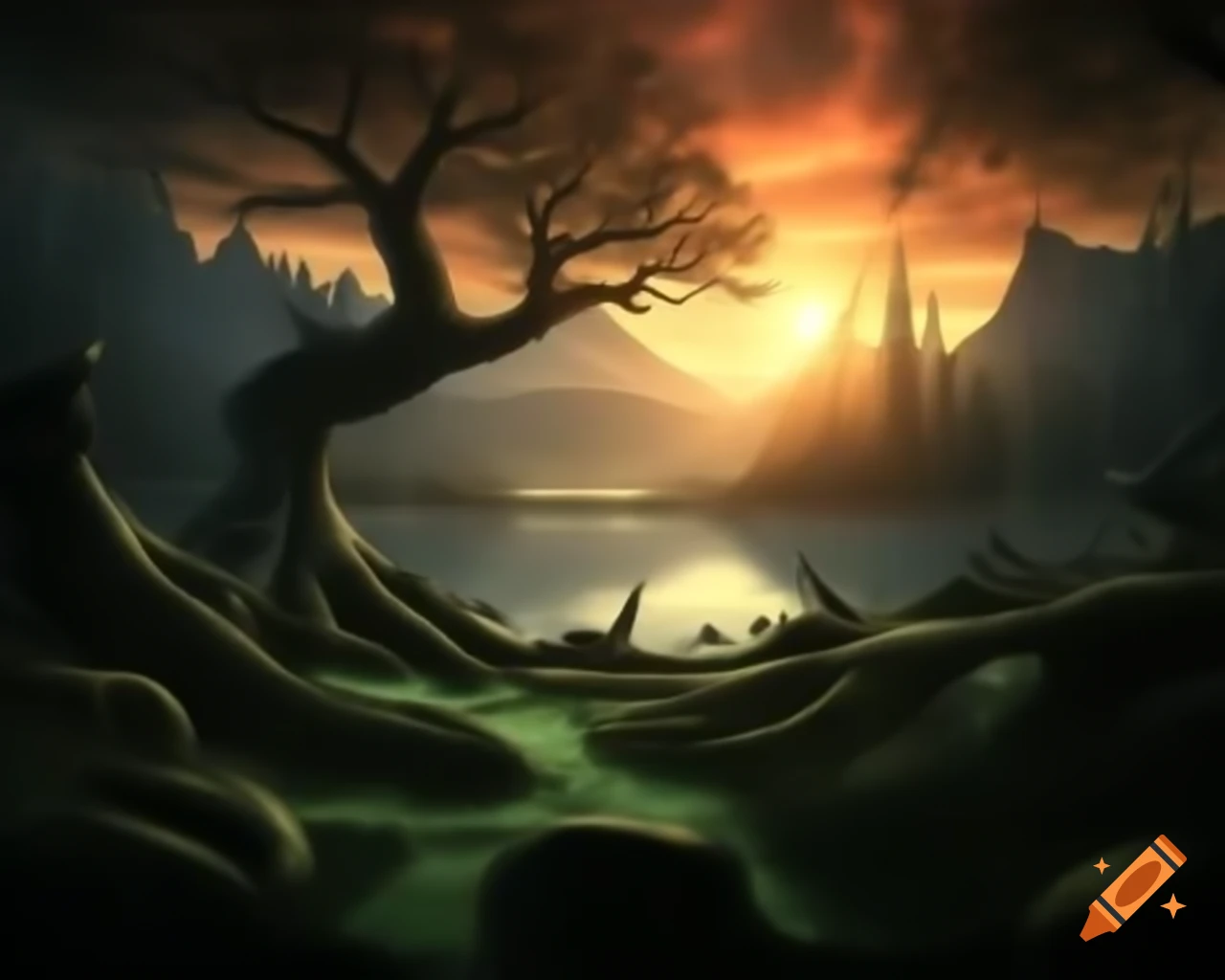 Dark fantasy scene with tree monster in forest near mountain lake
