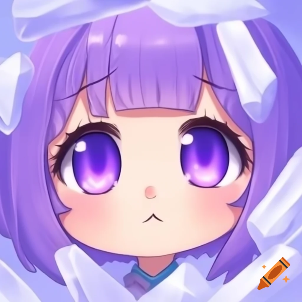 Chibi character with lavender hair and purple eyes in anime style