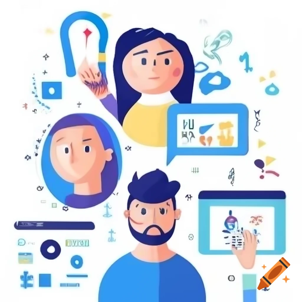 Caricature illustrating teamwork and digital collaboration