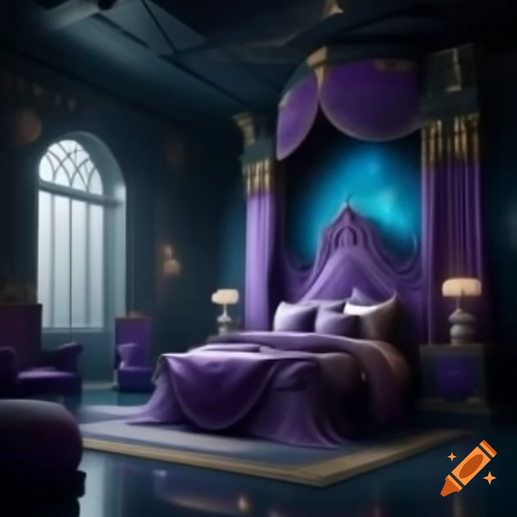 Majestic blue, purple, and gold royal bedroom in a space castle