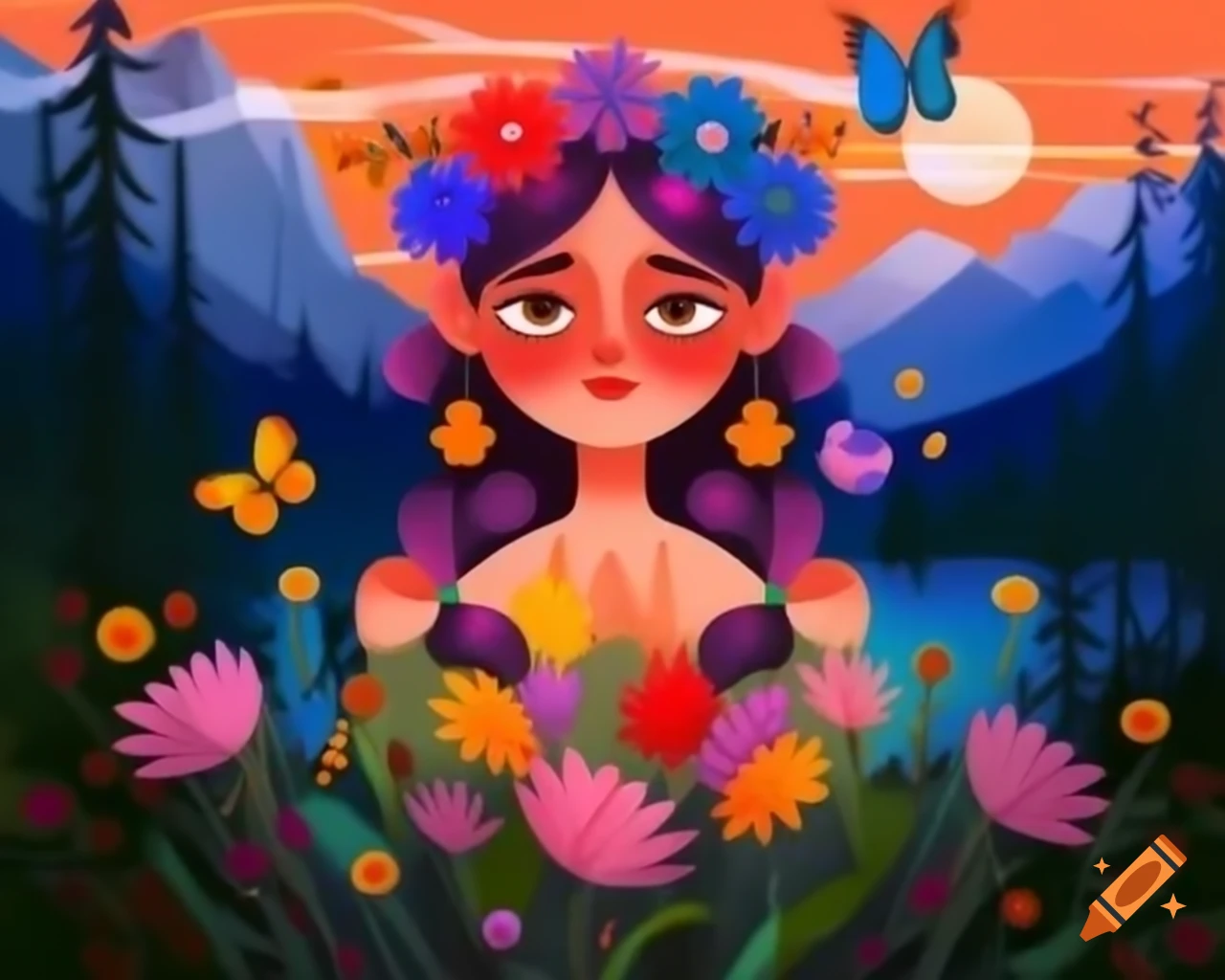 Colorful-haired woman with wildflowers and butterflies in a vibrant costume at sunset