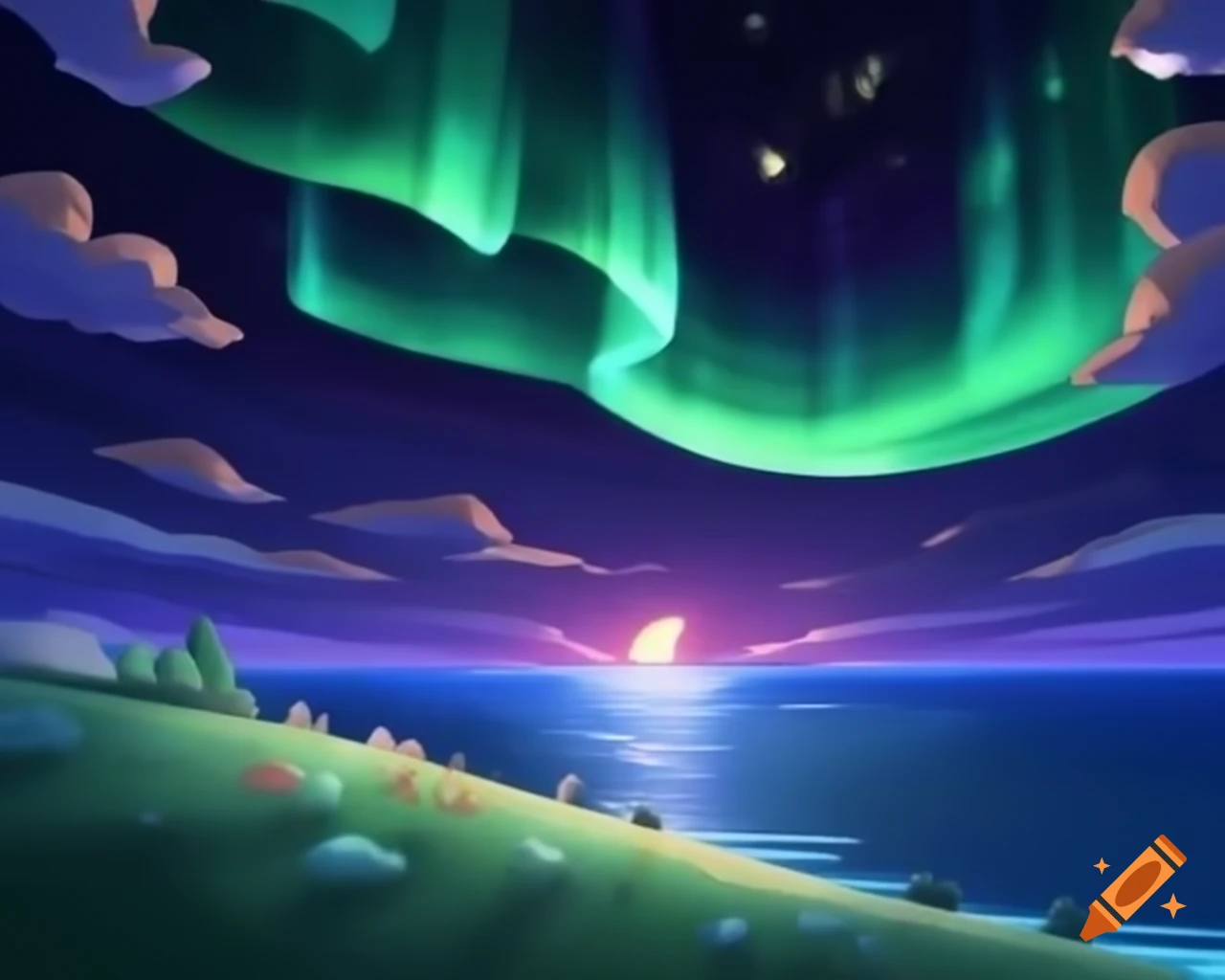 Beautiful Animal Crossing landscape featuring Northern Lights and Luminous Fish