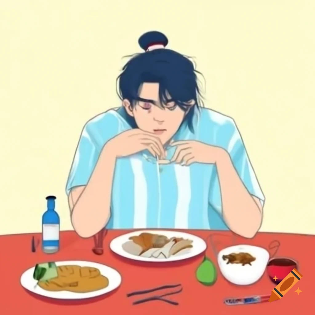 Xiao Ming determinedly looks at his plate while Weihao watches encouragingly at the dining table