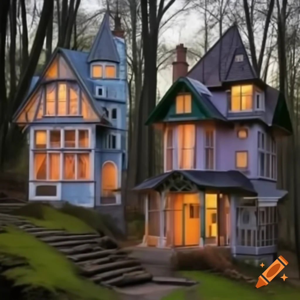 Victorian style gothic homes in pastel shades within a forest