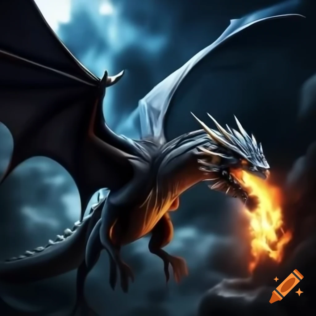 Black noble dragon flying and breathing fire towards the viewer