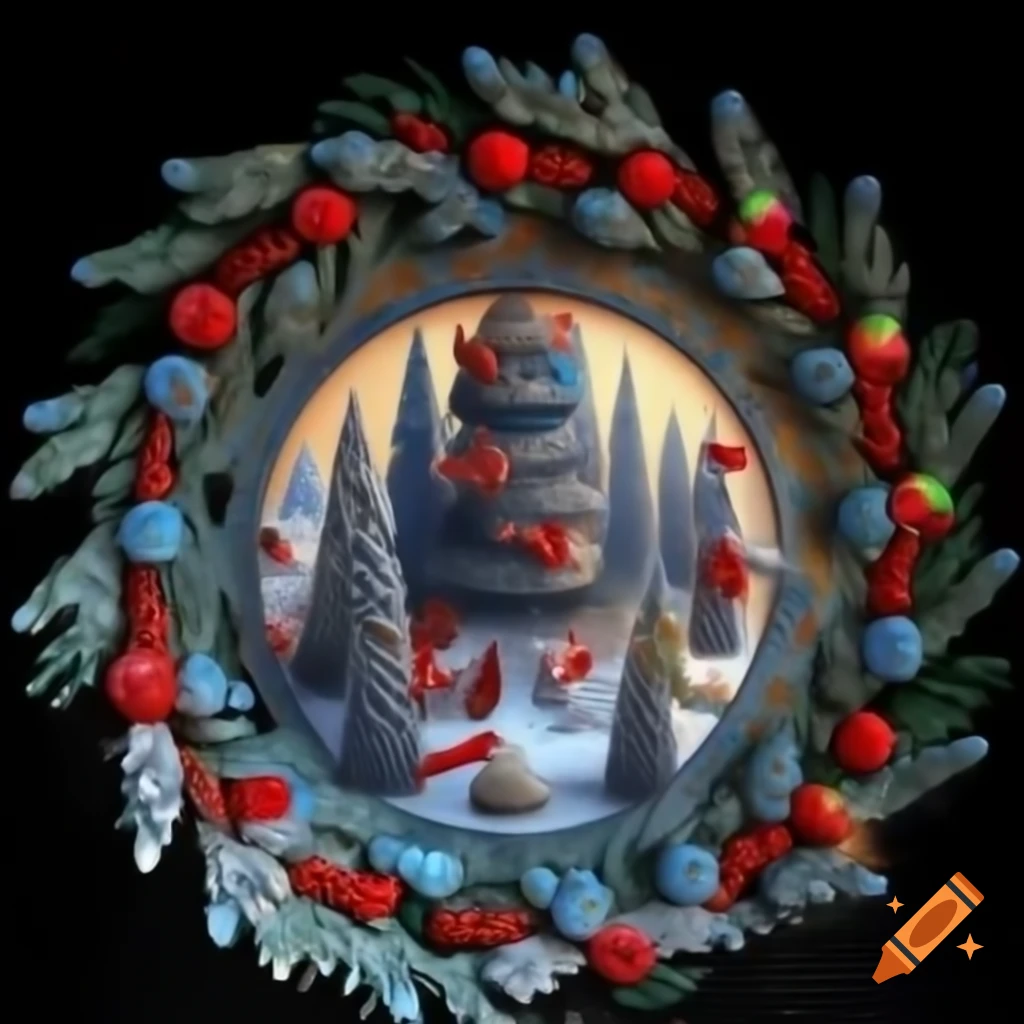 3D illustration of Christmas forest scene with Native Salish and Russian fairytale motifs