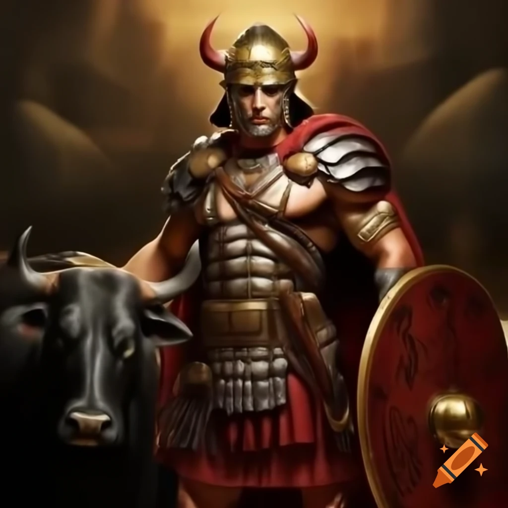Roman soldier alongside a demonic bull