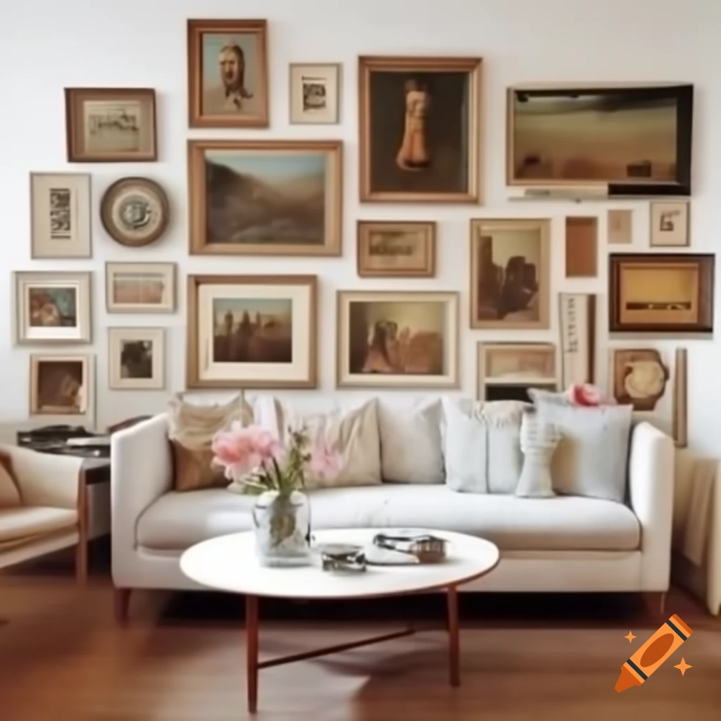Vintage art gallery wall displaying classic artworks