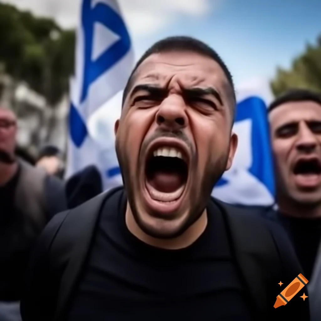 Angry protester with Israeli flag yelling at camera