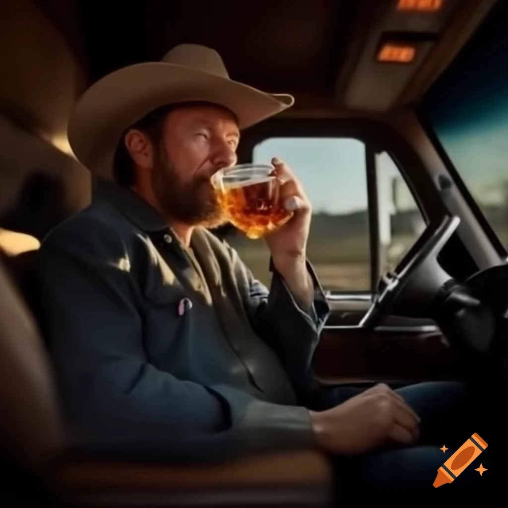 Sad cowboy drinking whiskey in bed of Ford truck