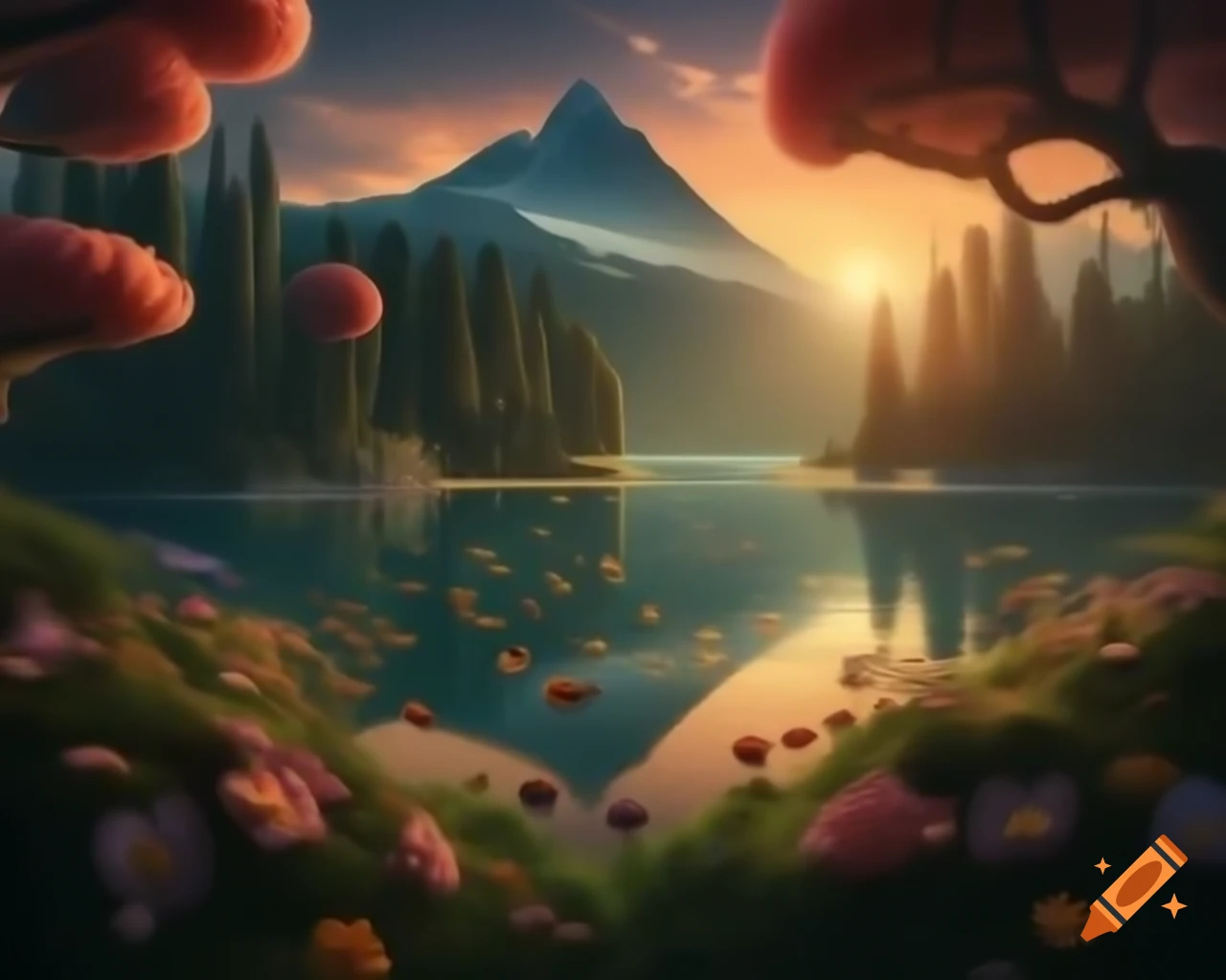 Mountain lake with forest and surreal woman's face made of colorful flowers