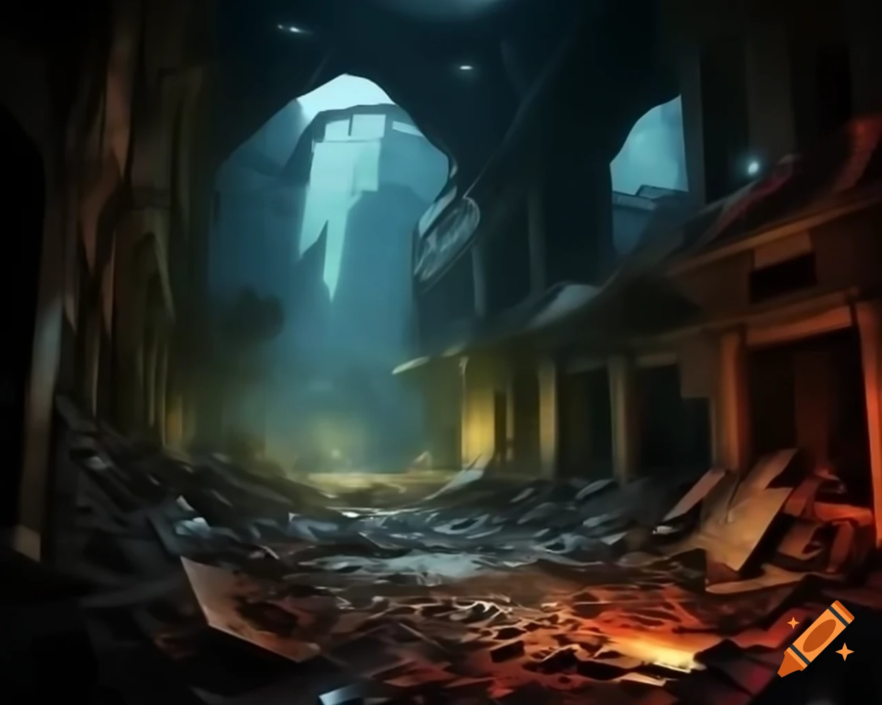 Post-apocalyptic scene depicting humanity rebuilding amidst darkness and ruin