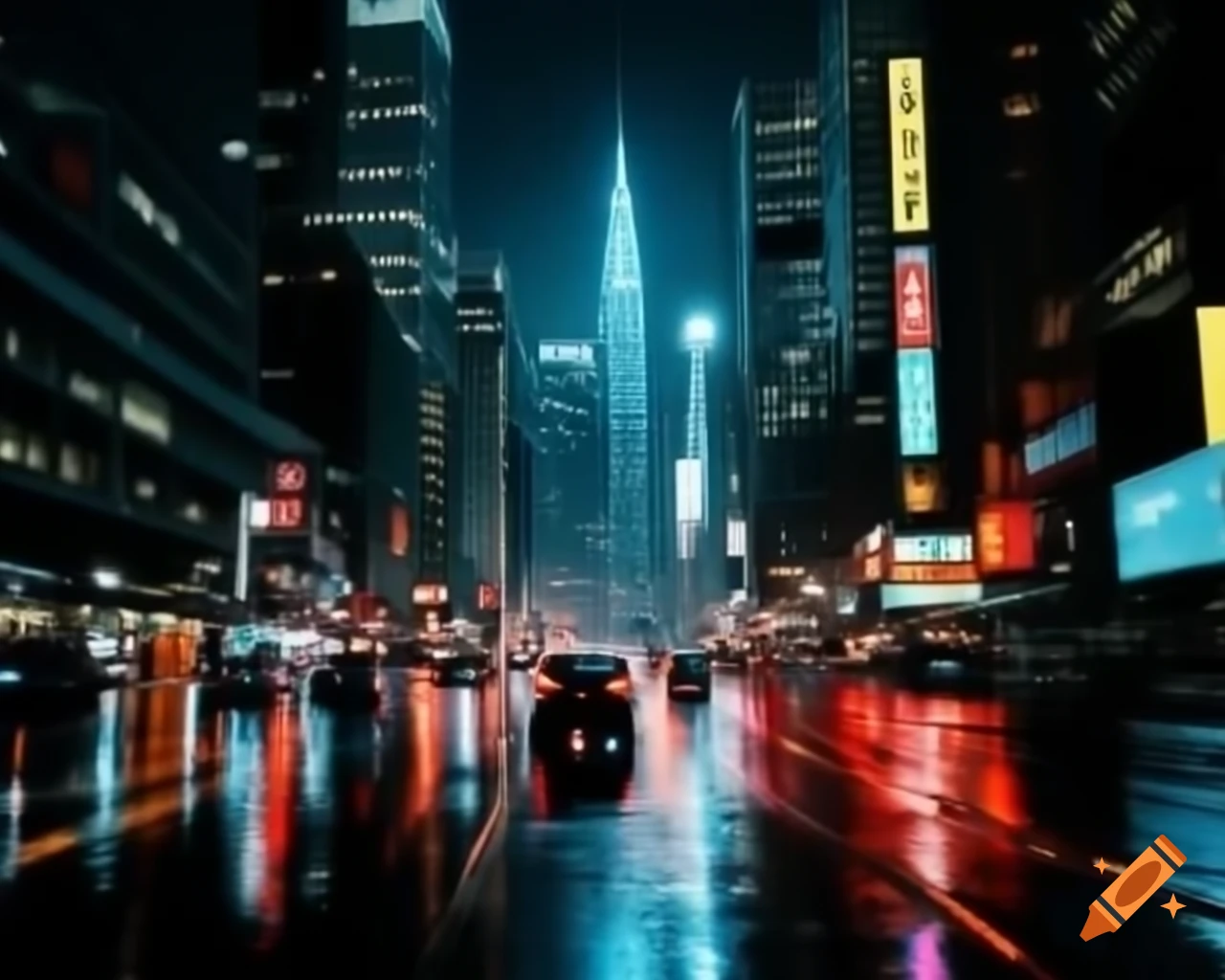 Cinematic night cityscape with neon lights and towering skyscrapers