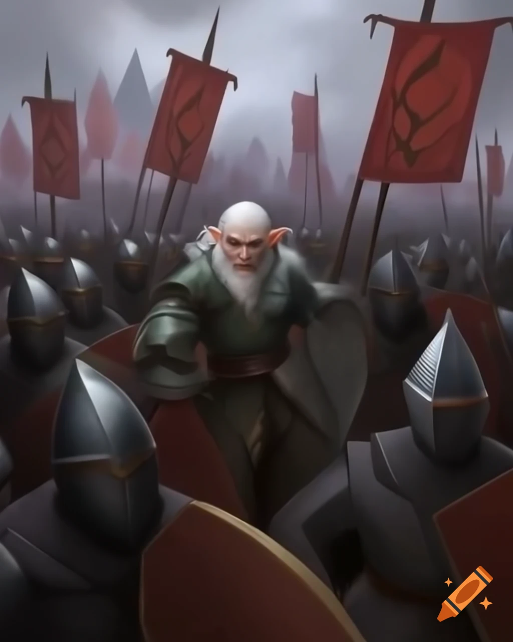 White-haired male elf knight rallying troops in fantasy oil painting