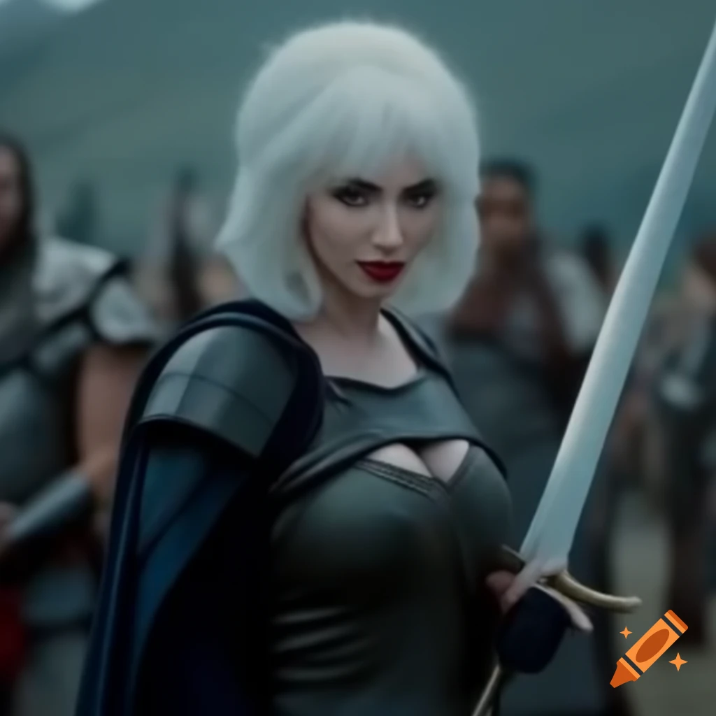 Cosplay of warrior character by Christina Hendricks with short white hair