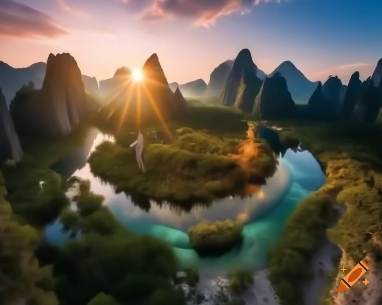 Legendary mountain lake shining in wilderness with towering peaks