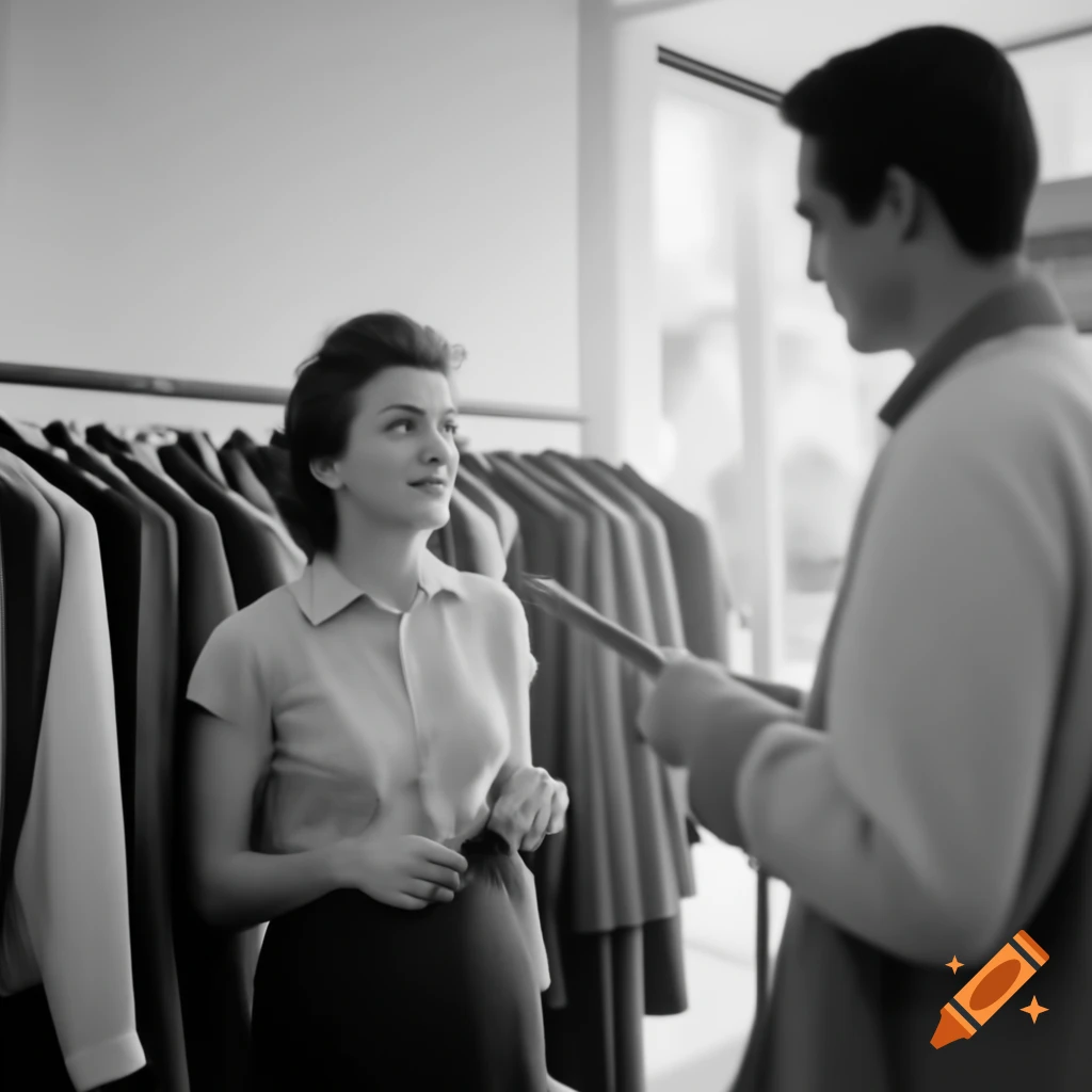 South American woman conversing with white male in clothing store
