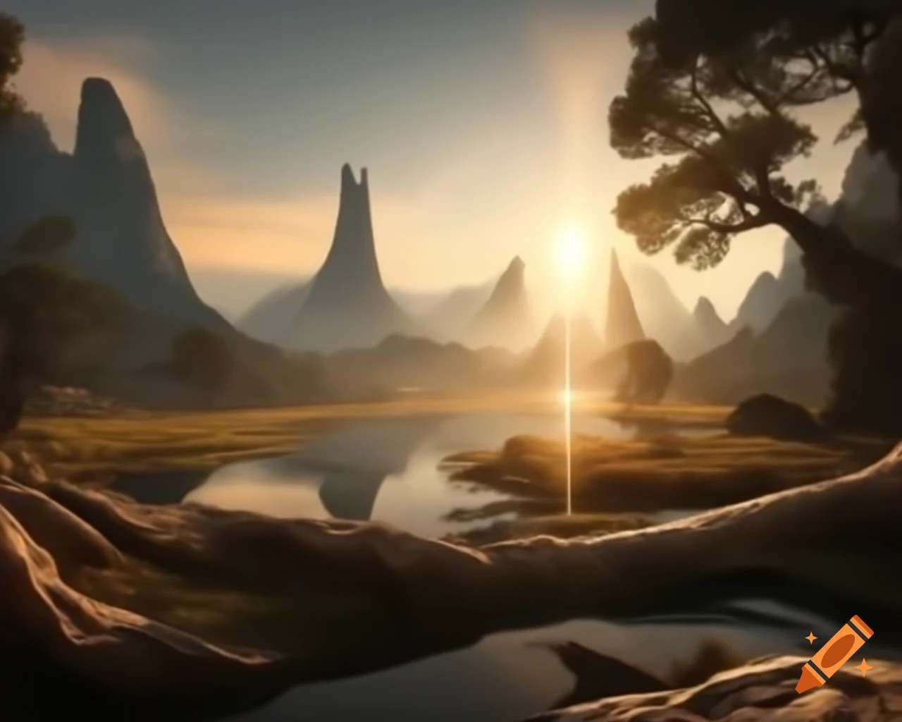 Breathtaking mountain range with rivers and trees in ancient land