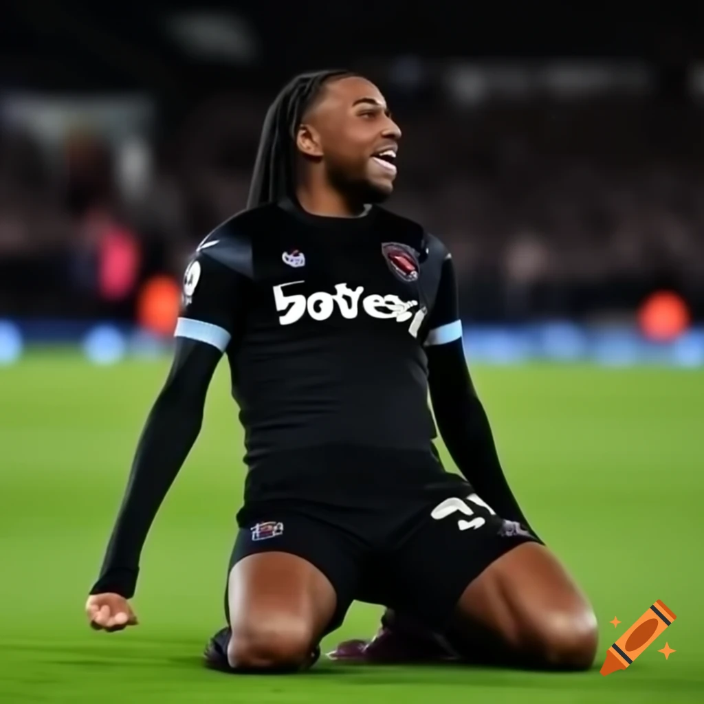 West Ham player with braids celebrating a goal with a knee slide, jersey number 9