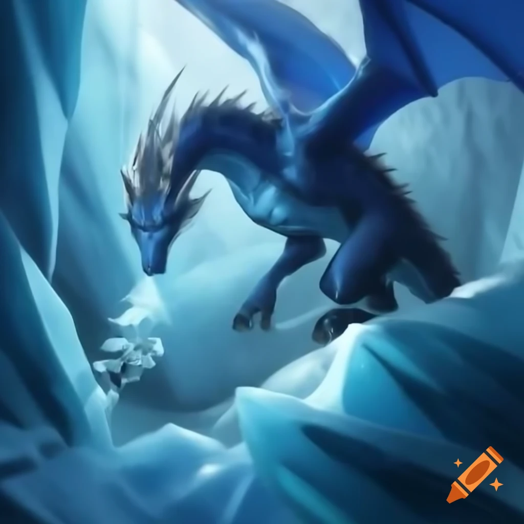Blue dragon breathing ice in an icy cavern