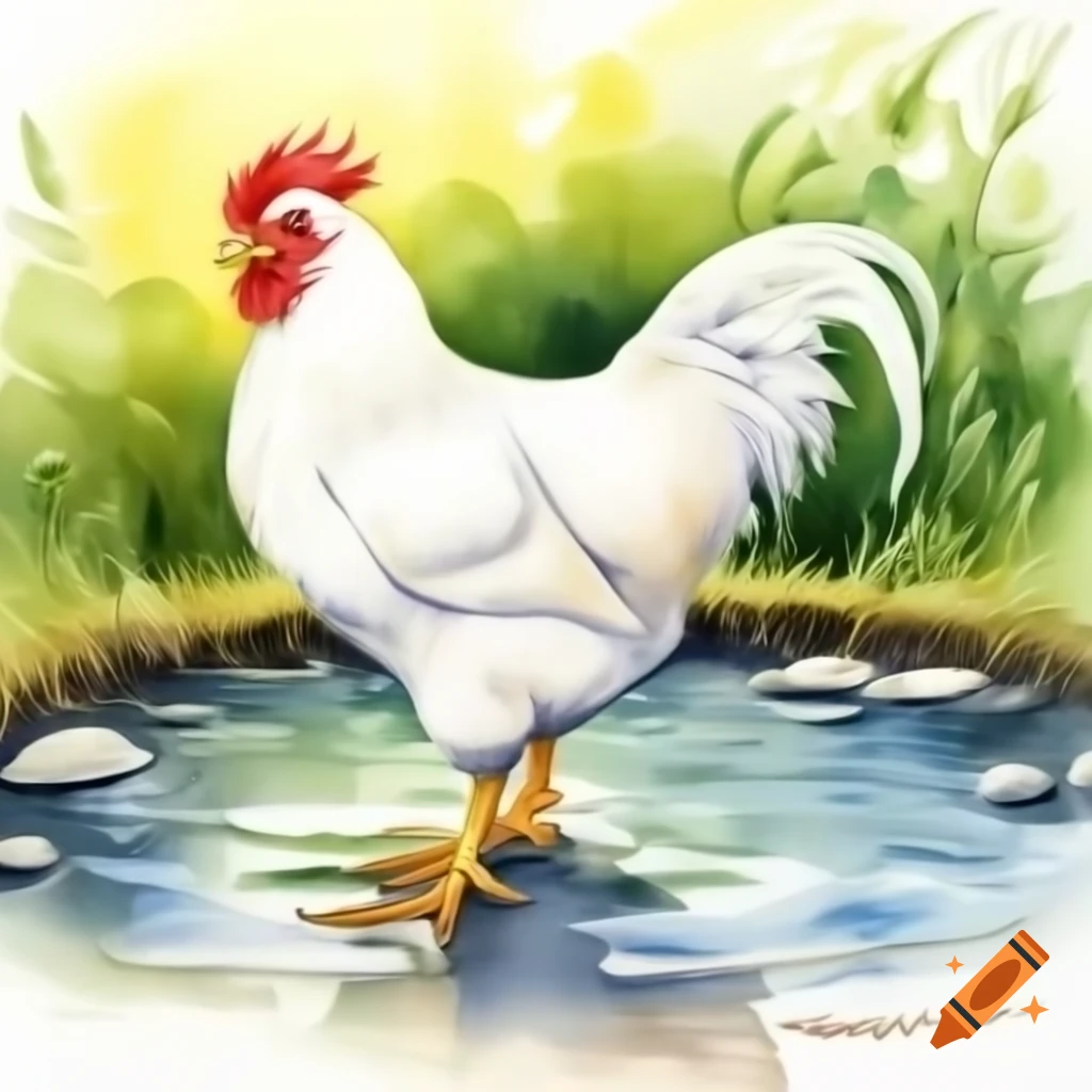 Detailed watercolor painting of a white rooster in backyard pond during golden hour