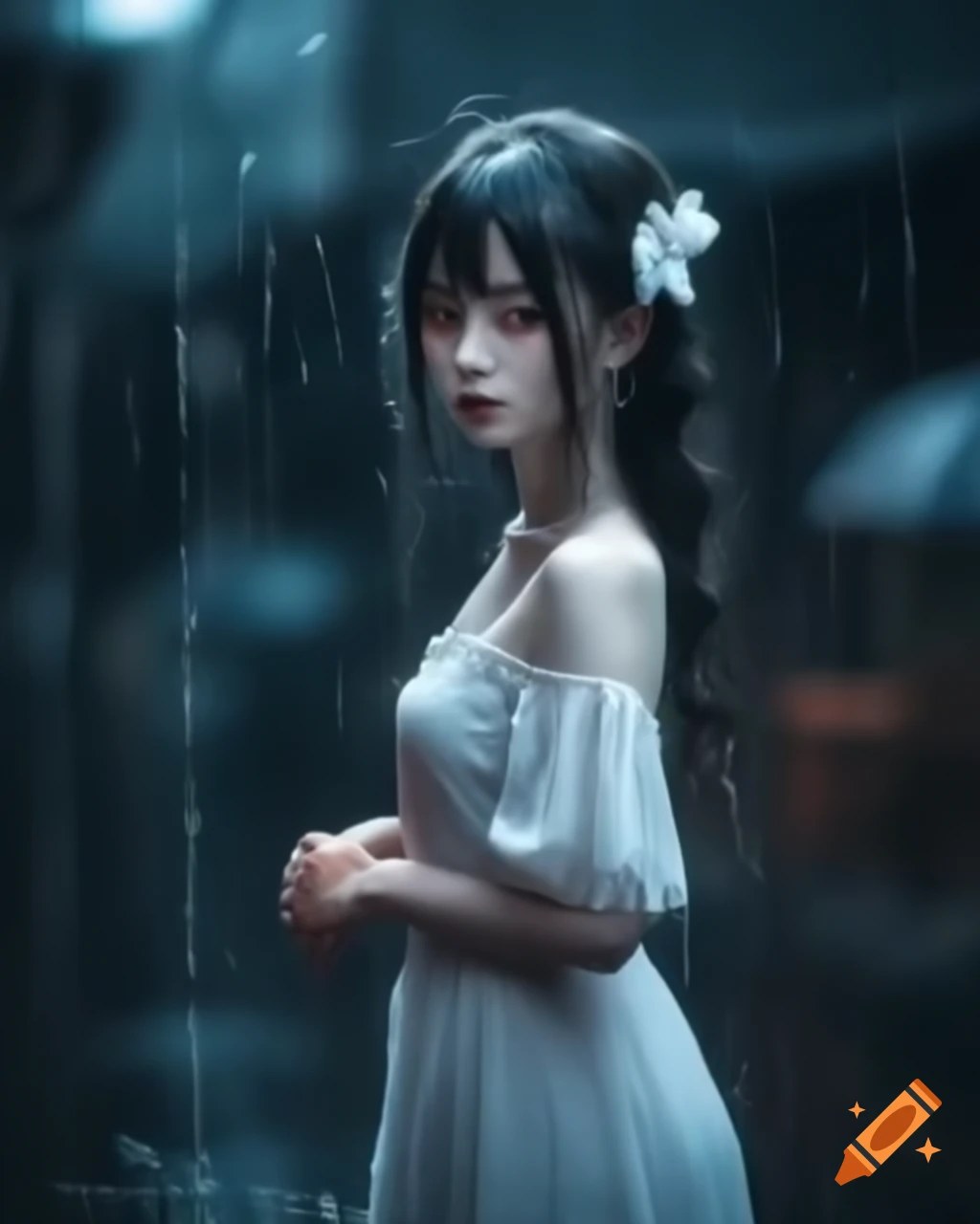 Goth anime woman in white dress standing in the rain, realistic style