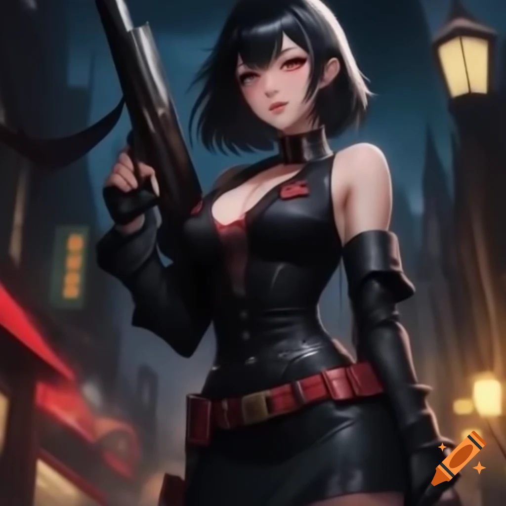Game art of woman in formal black outfit with red accessories and black gloves