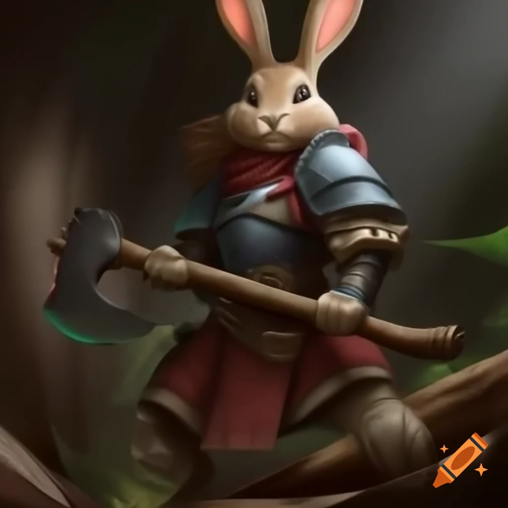 Brown rabbit humanoid woman in armor wielding woodcutter's axe