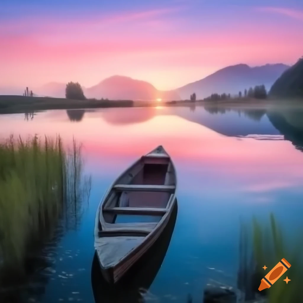 Peaceful lakeside at dawn with reflections of pink, purple, and light blue hues