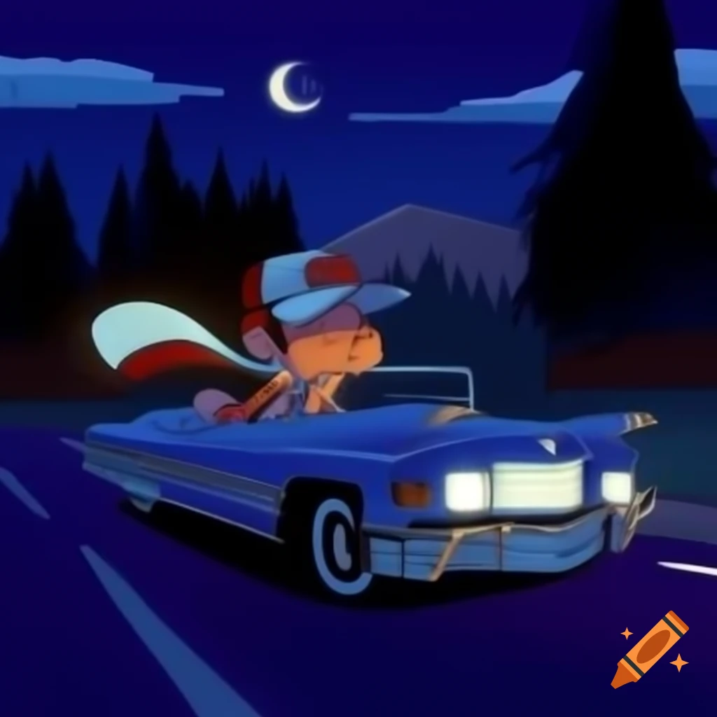 Cartoon of a cool dude driving a Cadillac at night