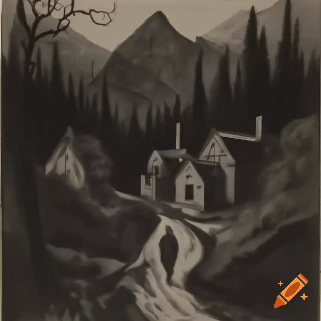 Highly detailed ink drawing of a man entering a village in dark mountain landscape