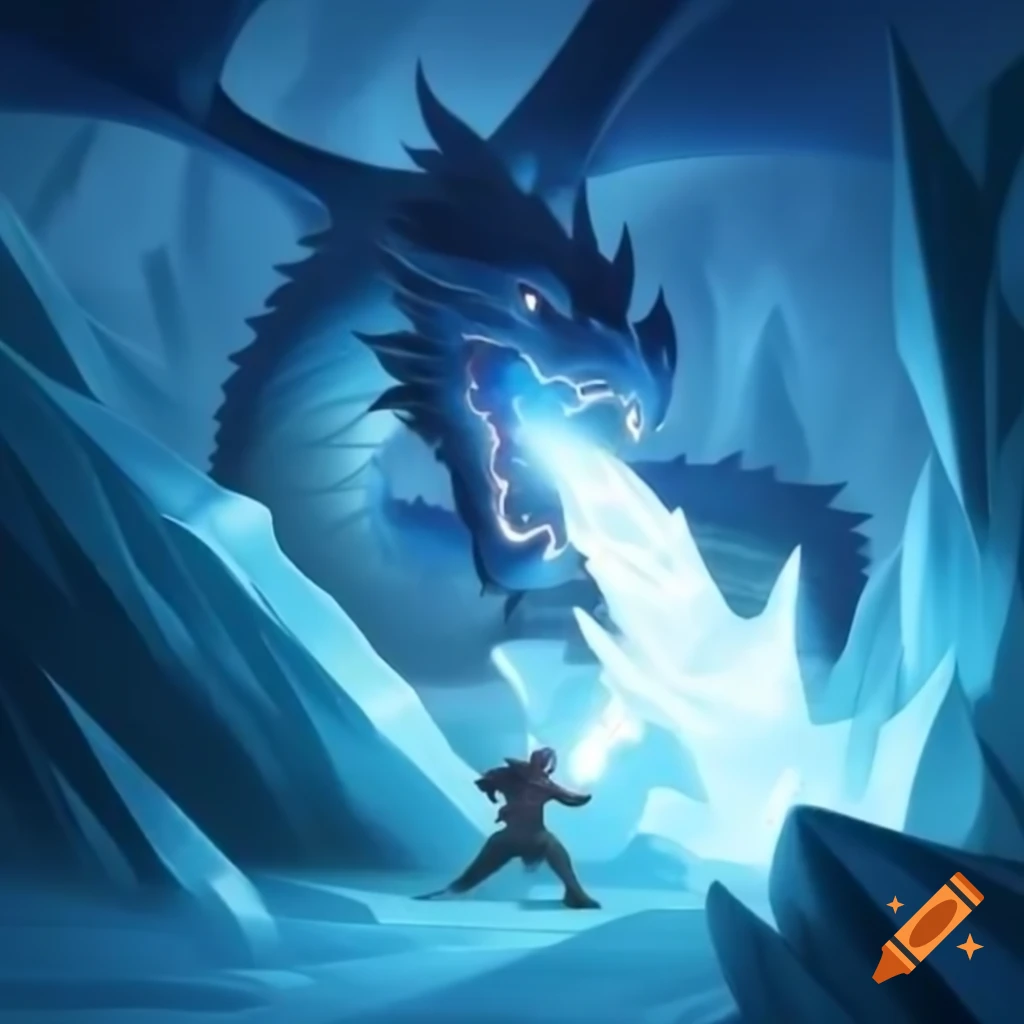 Blue dragon unleashing ice blast in icy cavern