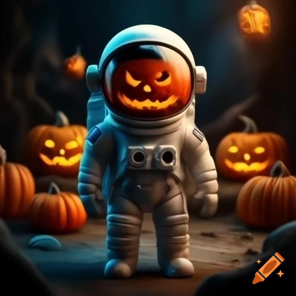 Astronaut with pumpkin face emoji in space