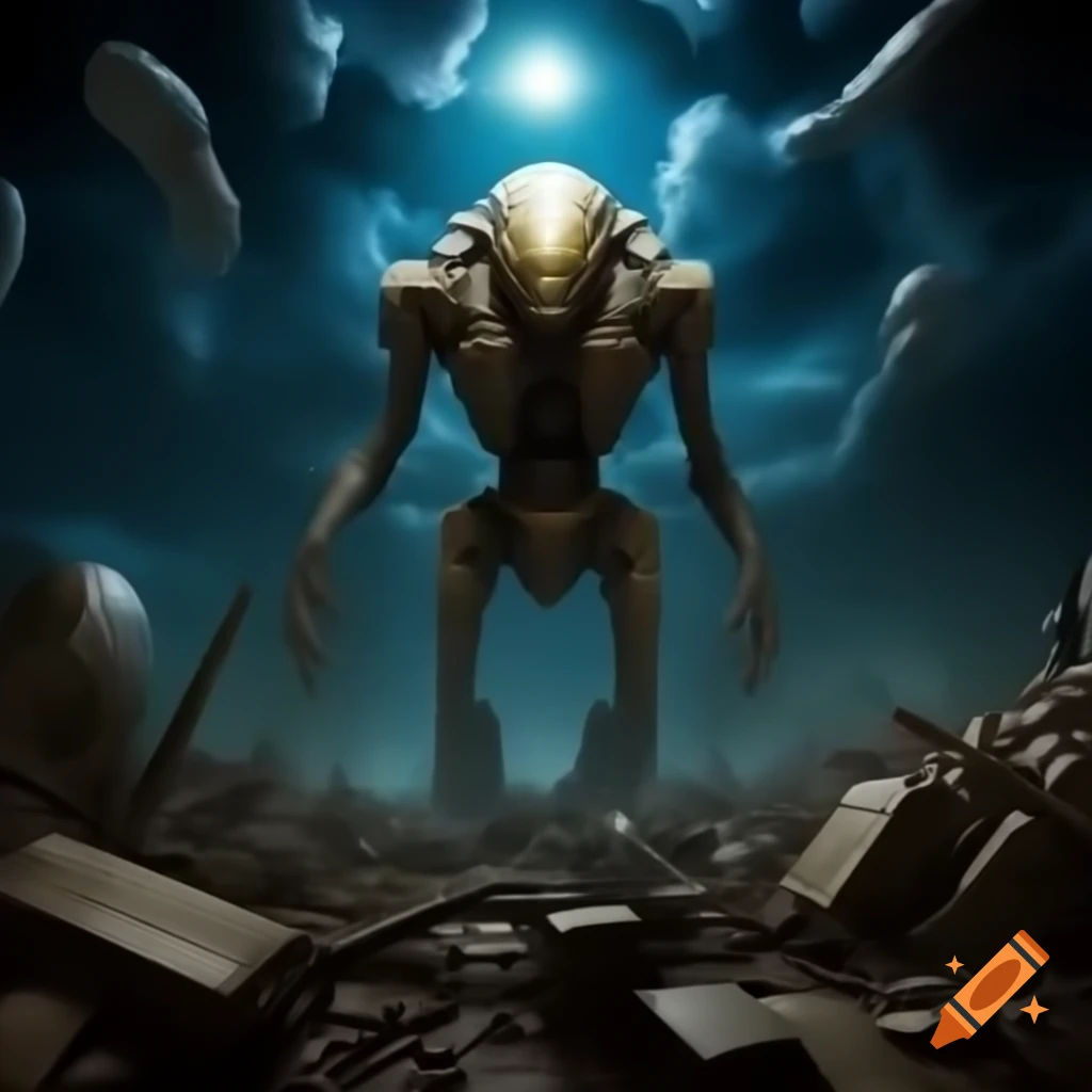 Surreal cosmic dream war aftermath with ruins and aliens