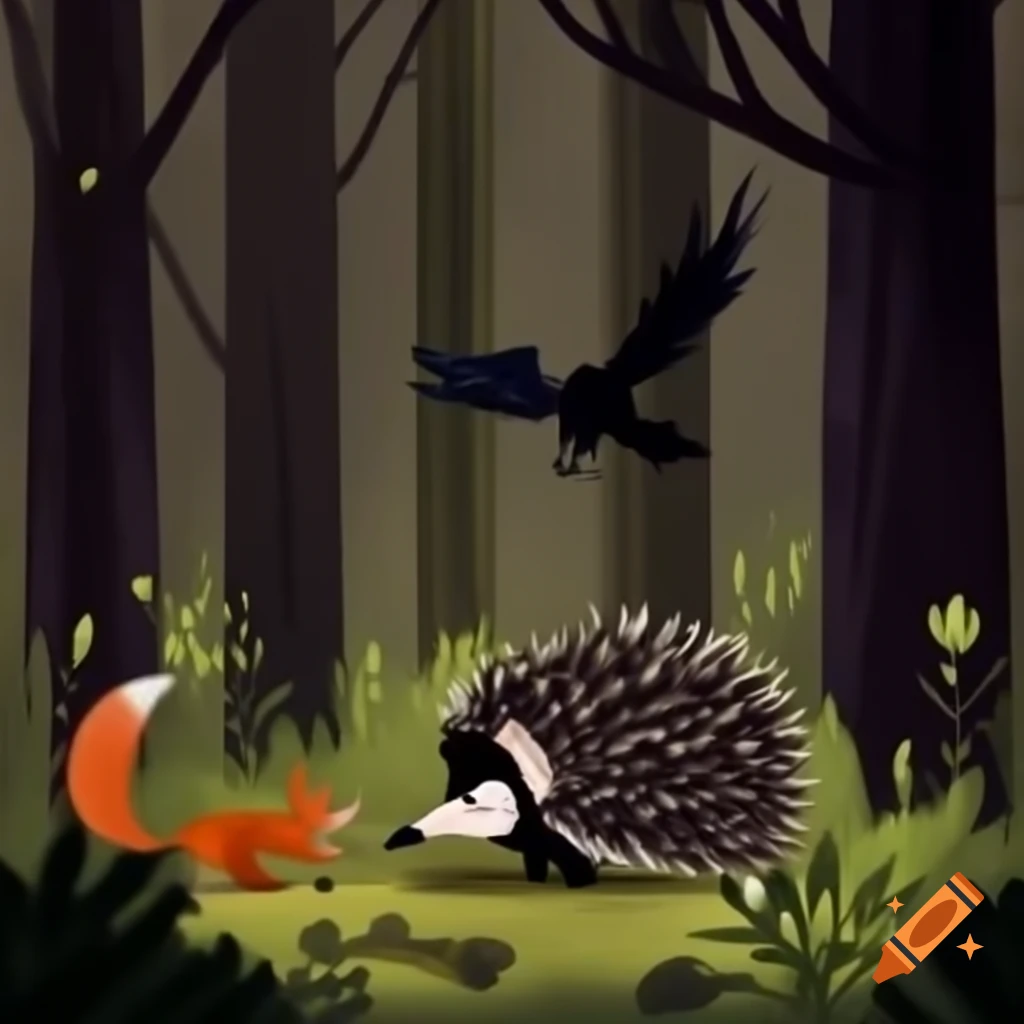 Hedgehog, raven, and fox together in a forest setting